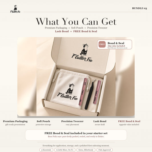 Cluster Starter Trio lash starter bundle product packaging by Flutter Fu