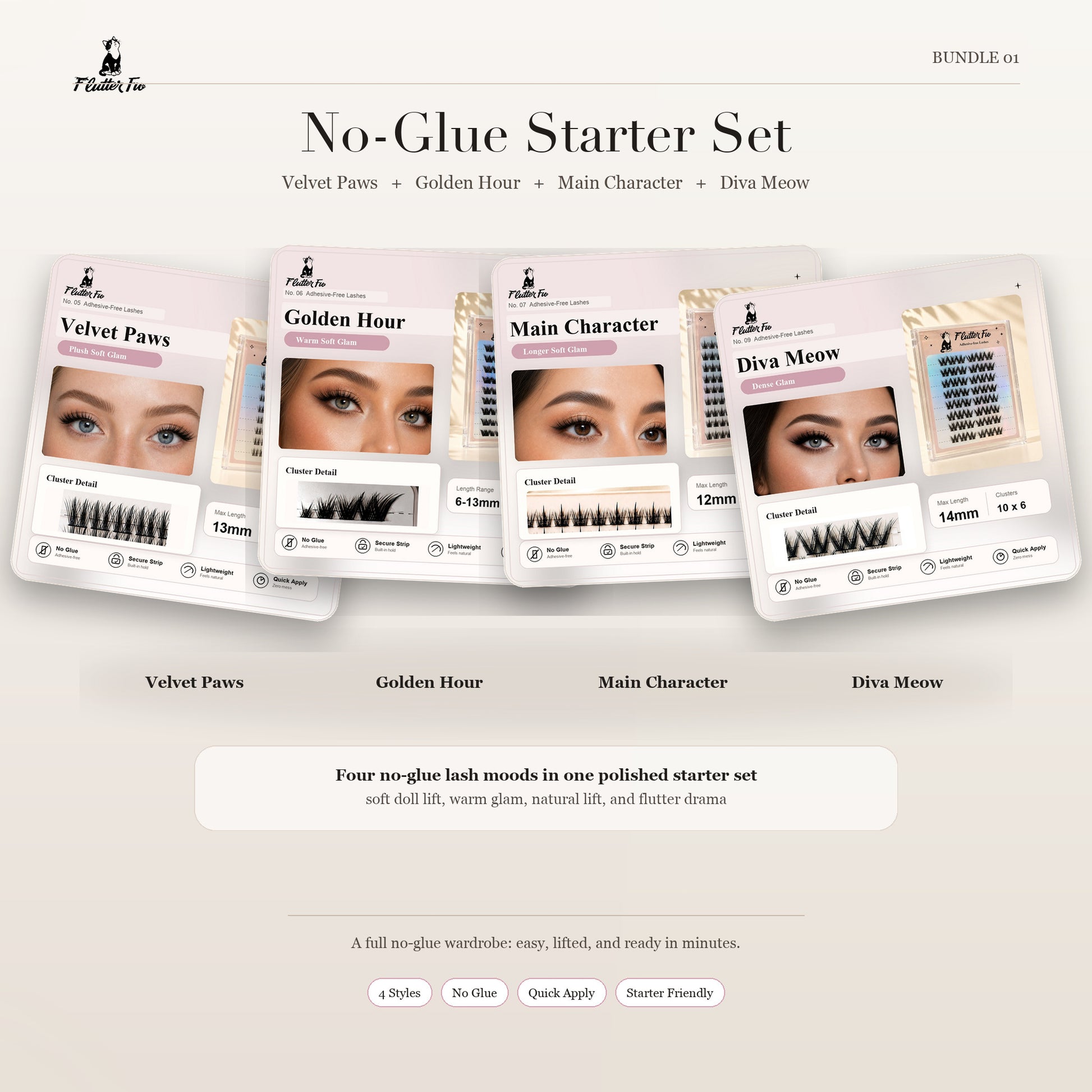 No-Glue Starter Trio lash starter bundle product packaging by Flutter Fu