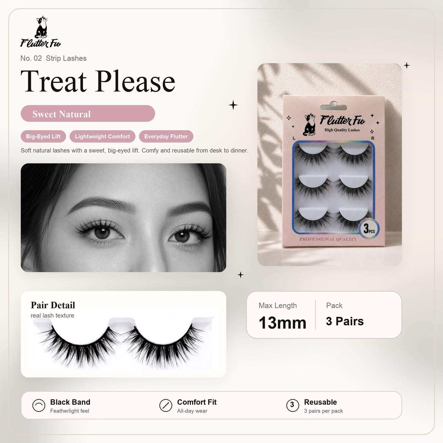 Treat Please strip lashes product details and length information by Flutter Fu