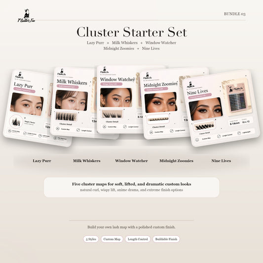 Cluster Starter Trio lash starter bundle product packaging by Flutter Fu