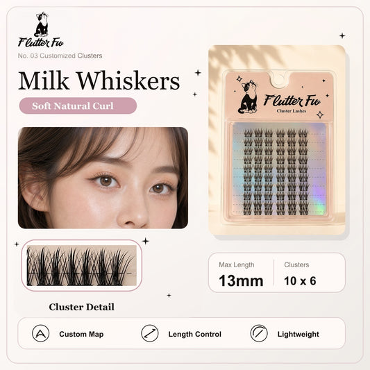 Milk Whiskers Customized Clusters customized cluster lashes product details and length information by Flutter Fu