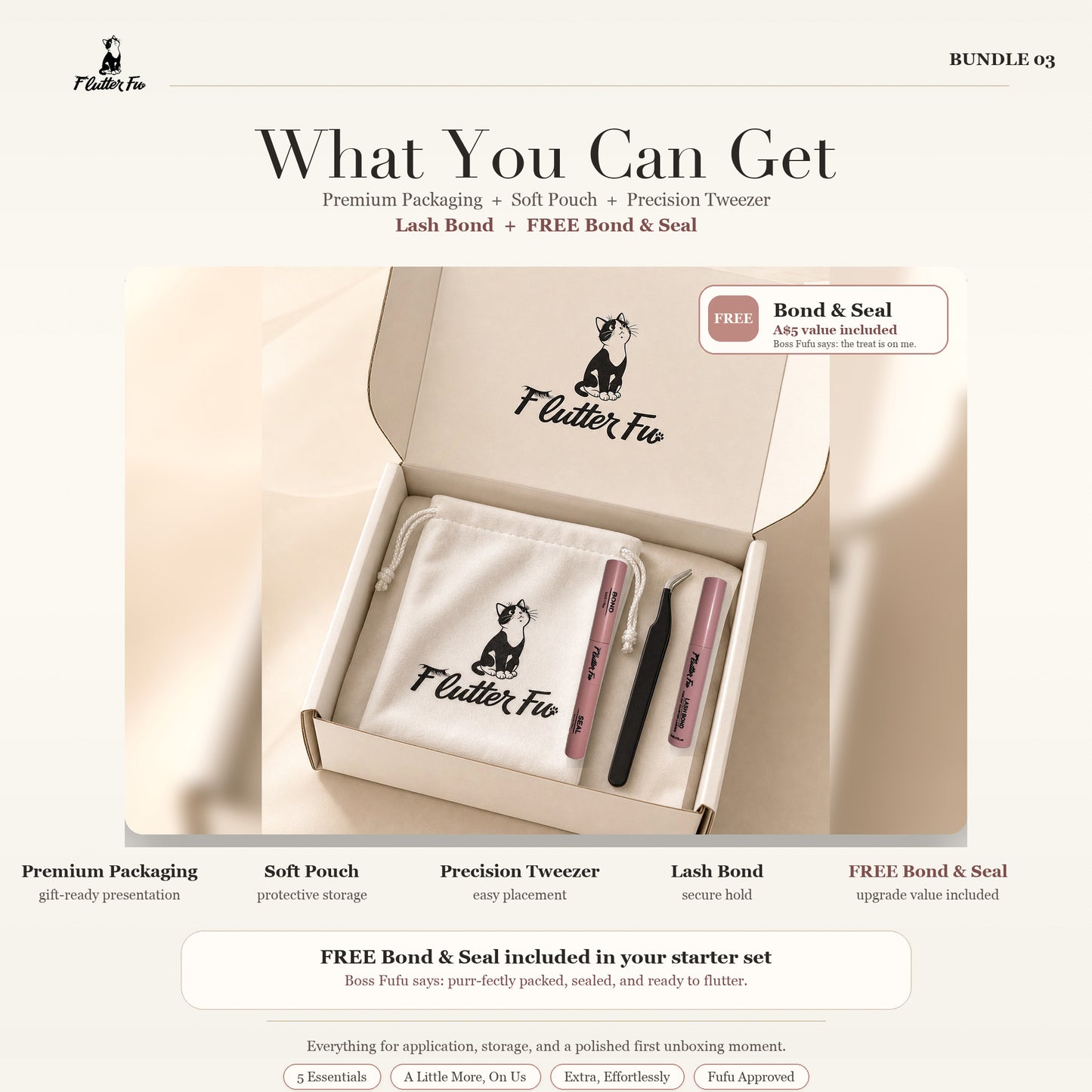 Cluster Starter Trio lash starter bundle product packaging by Flutter Fu