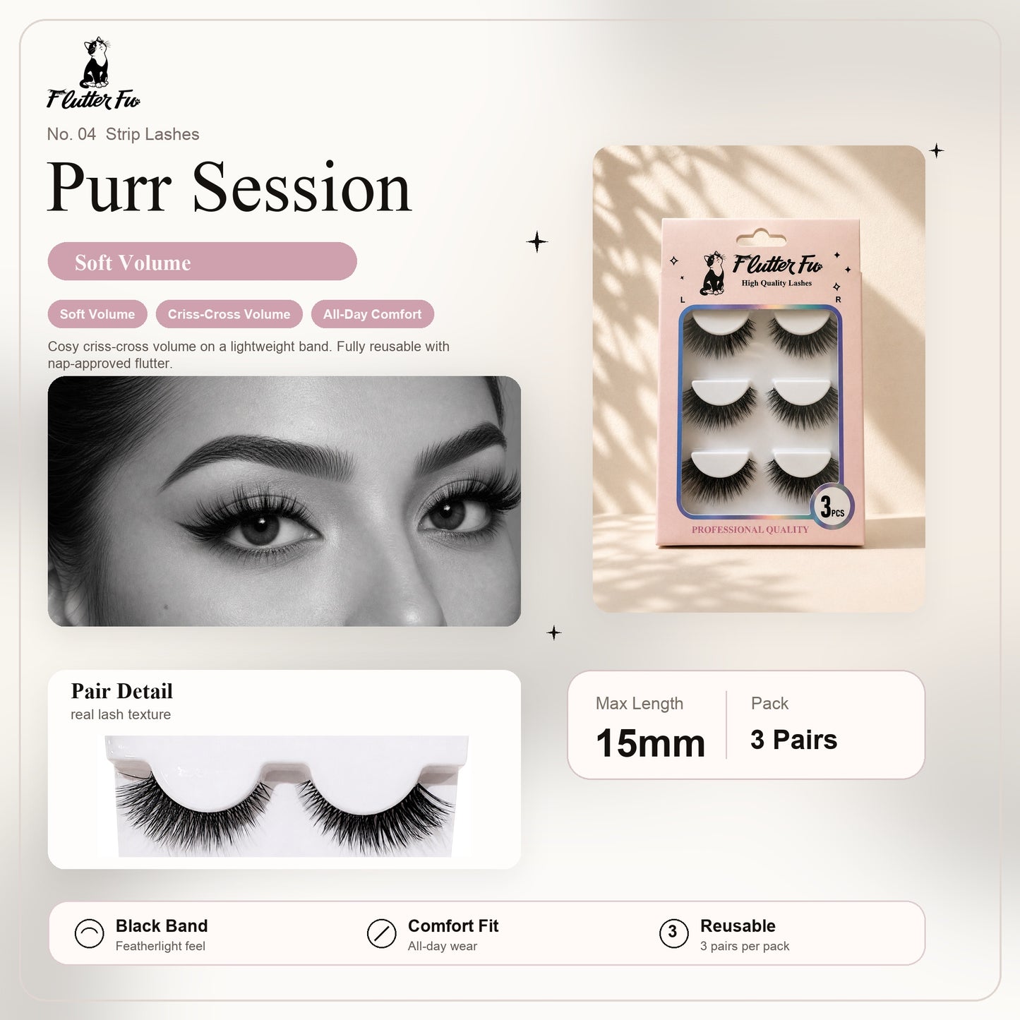 Purr Session strip lashes product details and length information by Flutter Fu