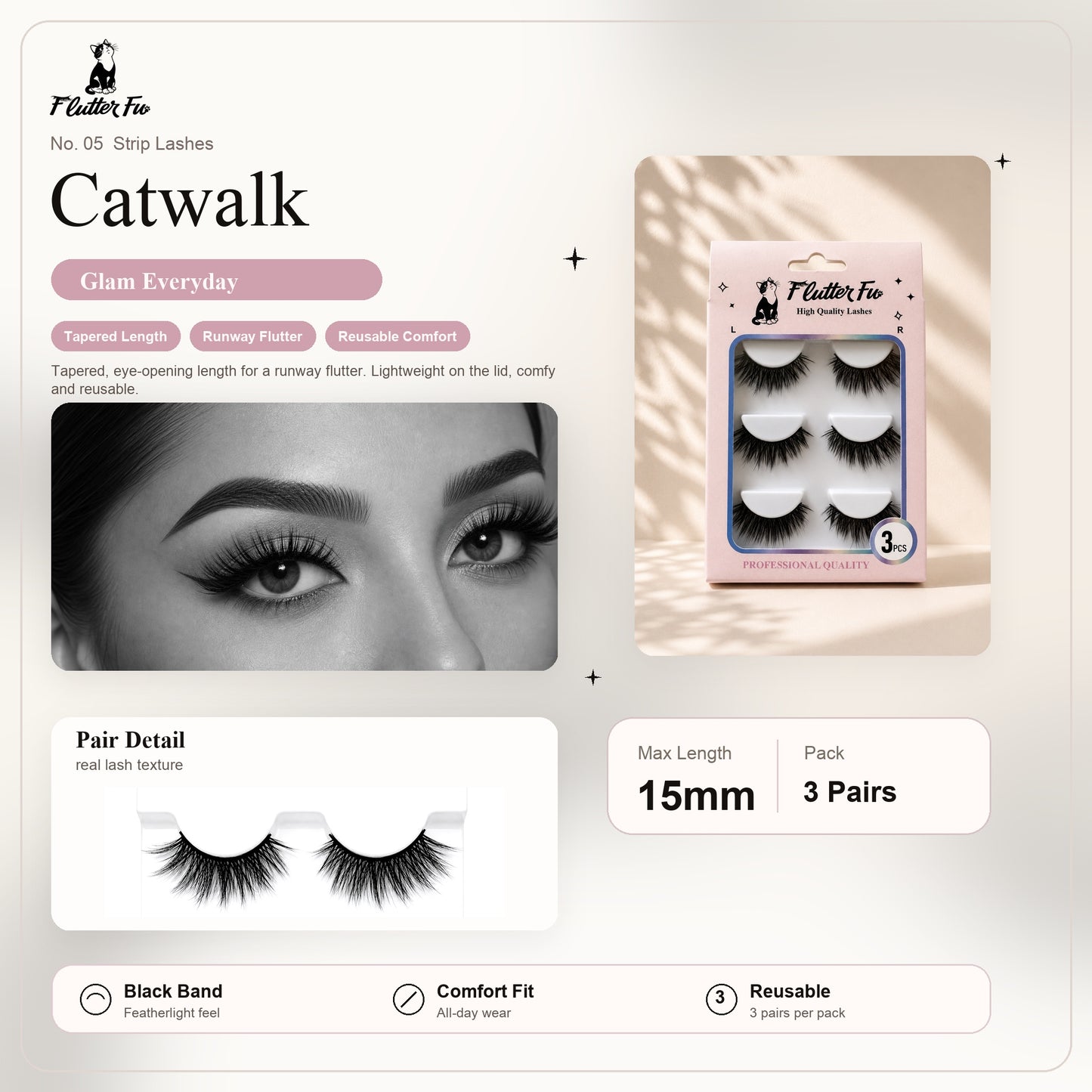 Catwalk strip lashes product details and length information by Flutter Fu