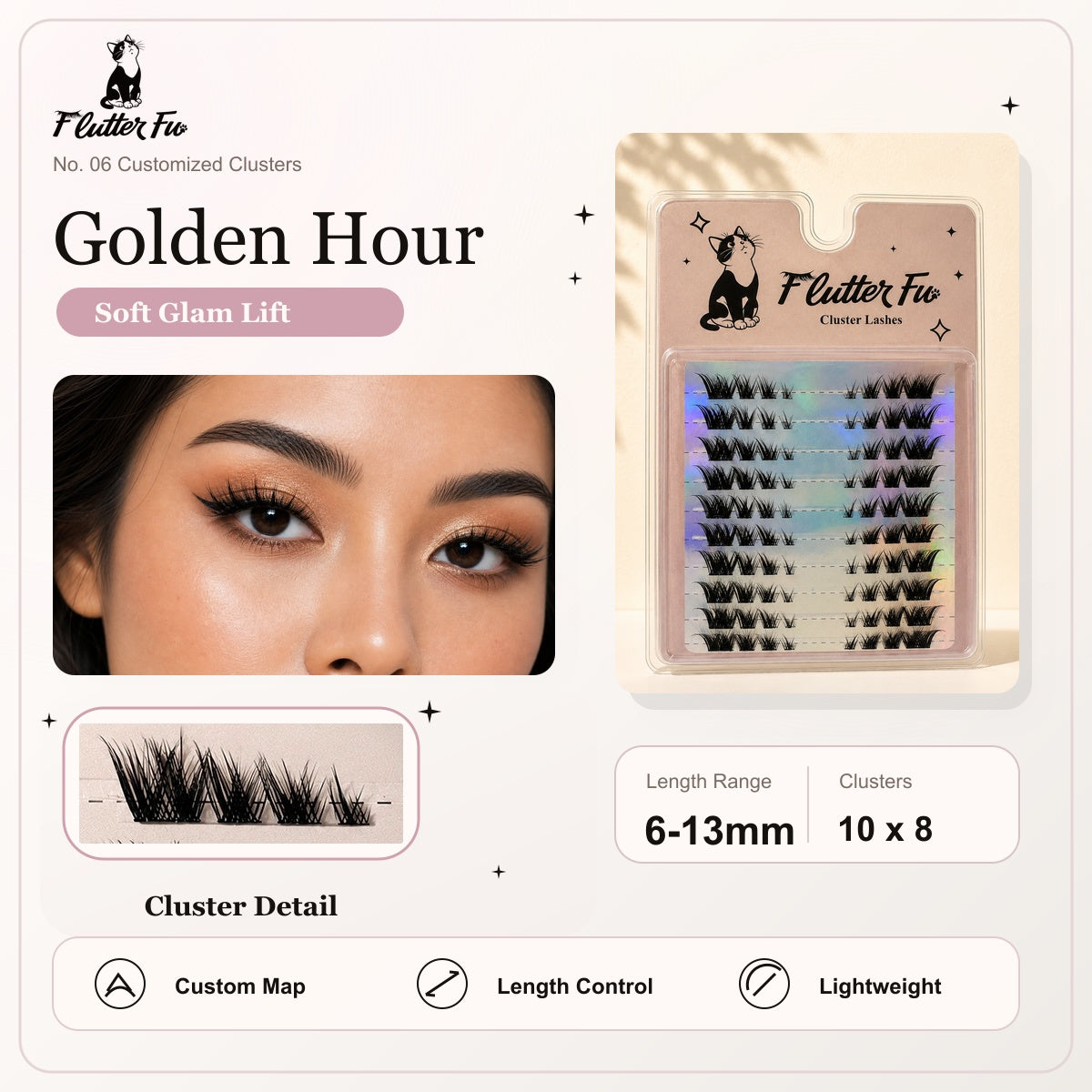 Golden Hour Customized Clusters customized cluster lashes product details and length information by Flutter Fu