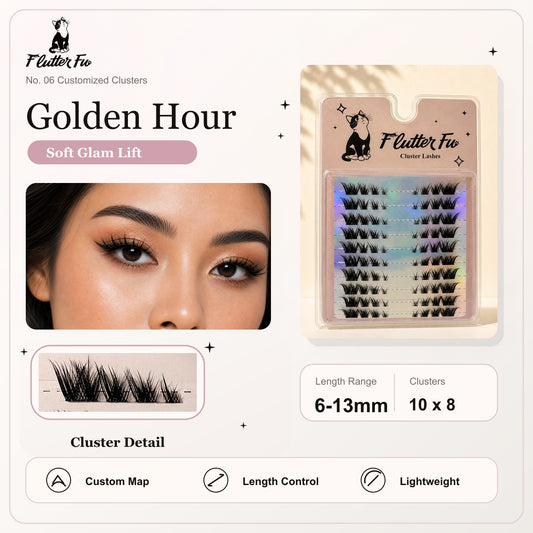 Golden Hour Customized Clusters customized cluster lashes product details and length information by Flutter Fu
