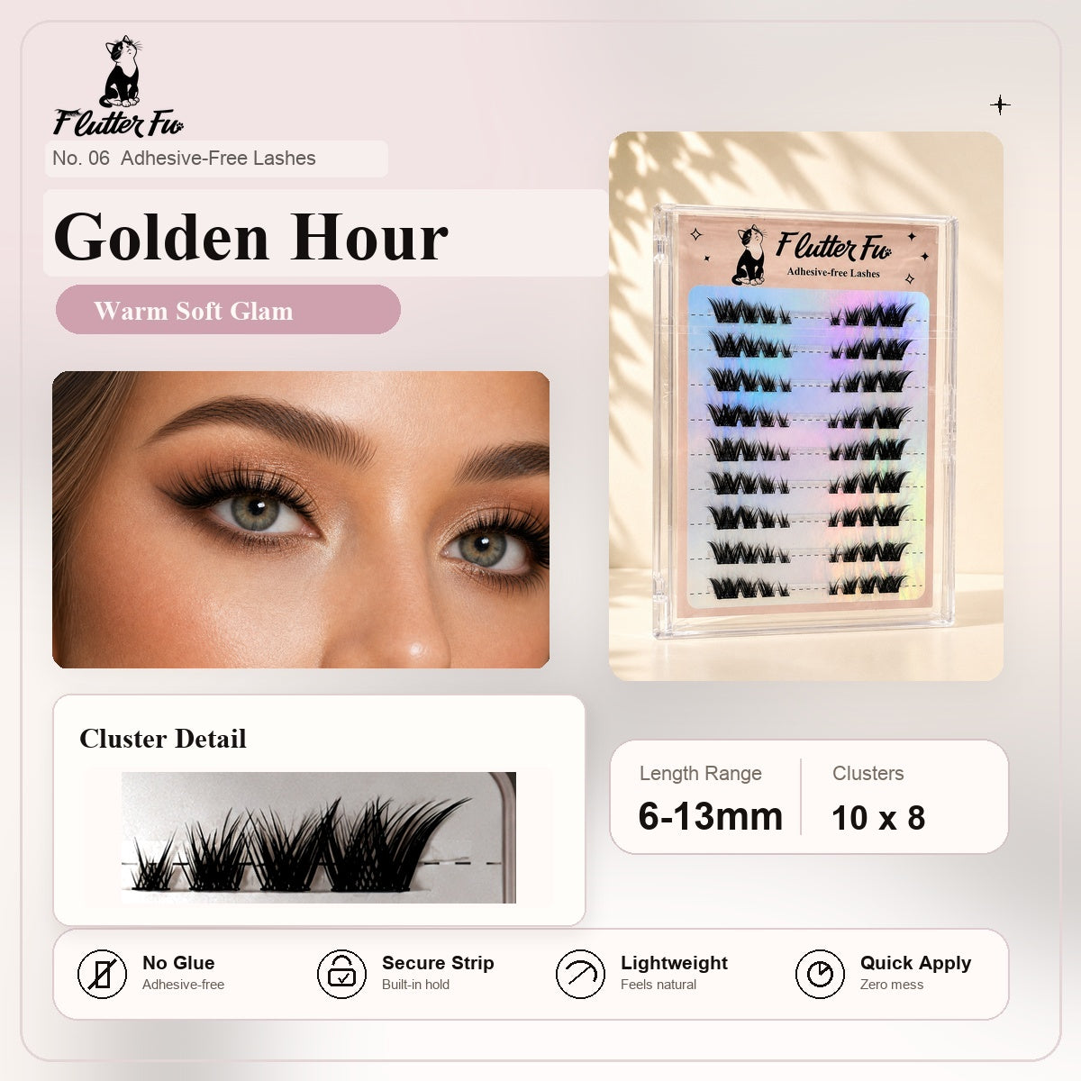 Golden Hour Adhesive-free Clusters adhesive-free cluster lashes product details and length information by Flutter Fu