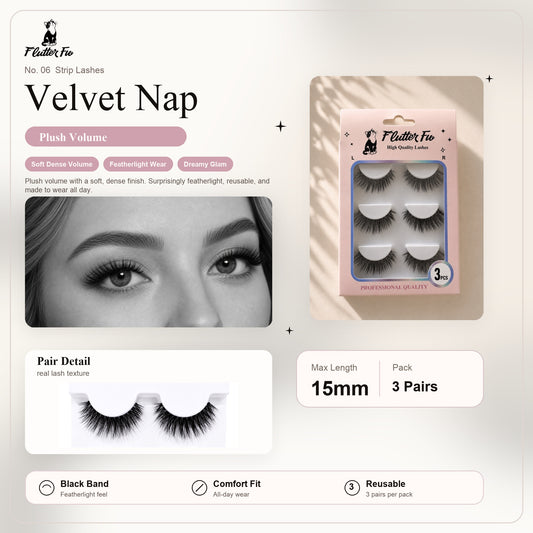 Velvet Nap strip lashes product details and length information by Flutter Fu