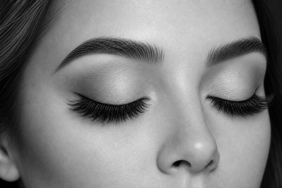 Attention Human Signature Strip Lashes closed-eye model try-on showing bold strip lash volume and soft fanned-out shape by Flutter Fu