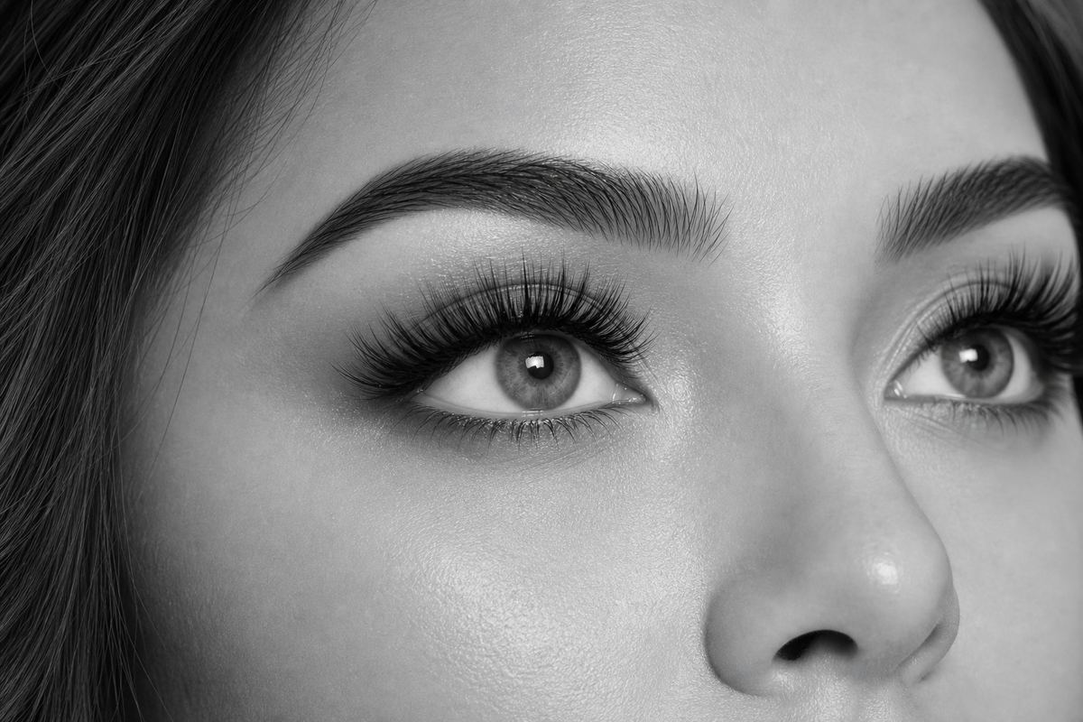 Attention Human Signature Strip Lashes open-eye model try-on showing bold lifted lash volume by Flutter Fu