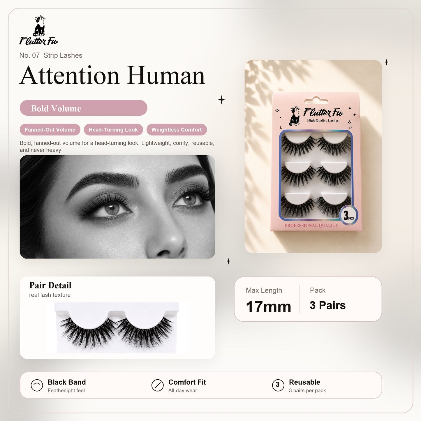 Attention Human strip lashes product details and length information by Flutter Fu