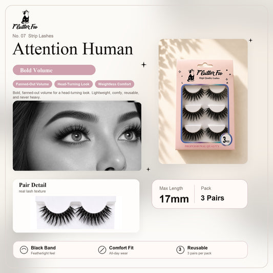 Attention Human Signature Strip Lashes detail image showing Flutter Fu packaging, lash style and length information