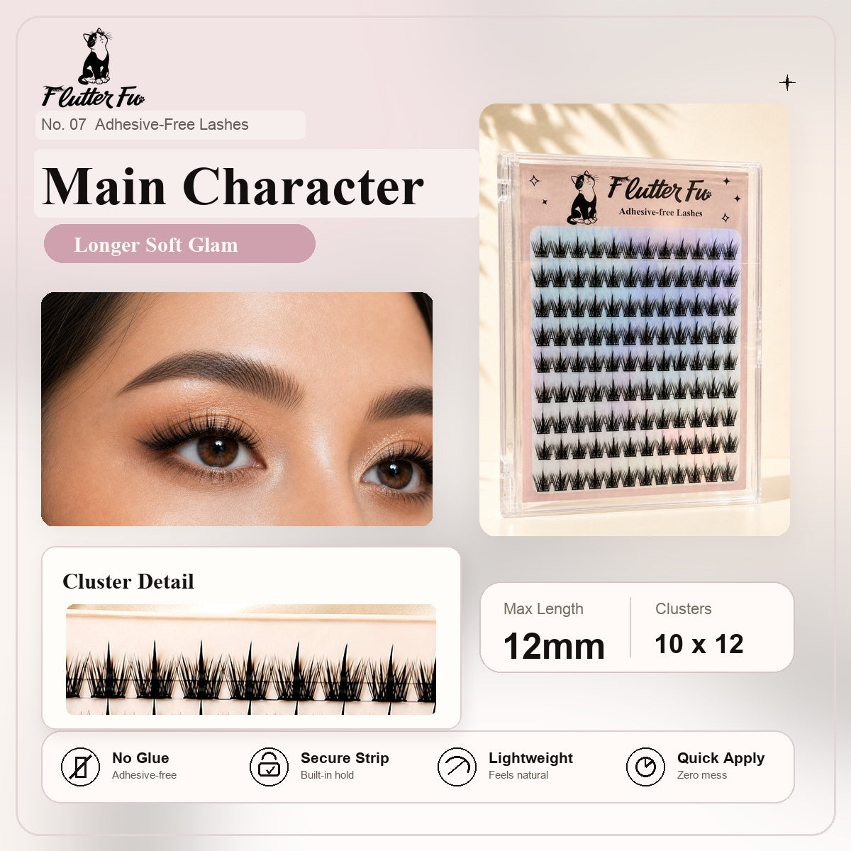 Main Character Adhesive-free Clusters adhesive-free cluster lashes product details and length information by Flutter Fu