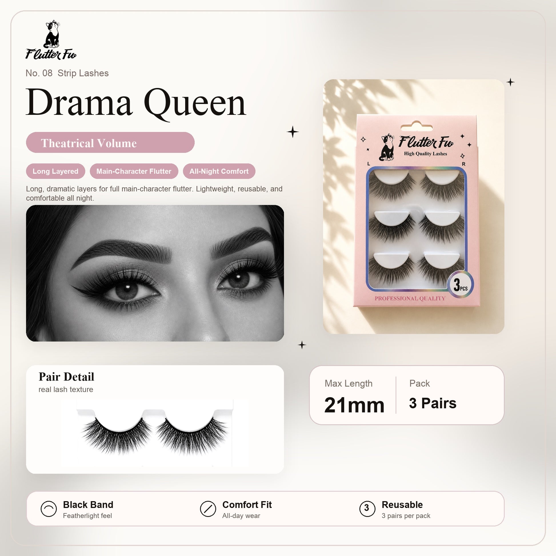 Drama Queen strip lashes product details and length information by Flutter Fu