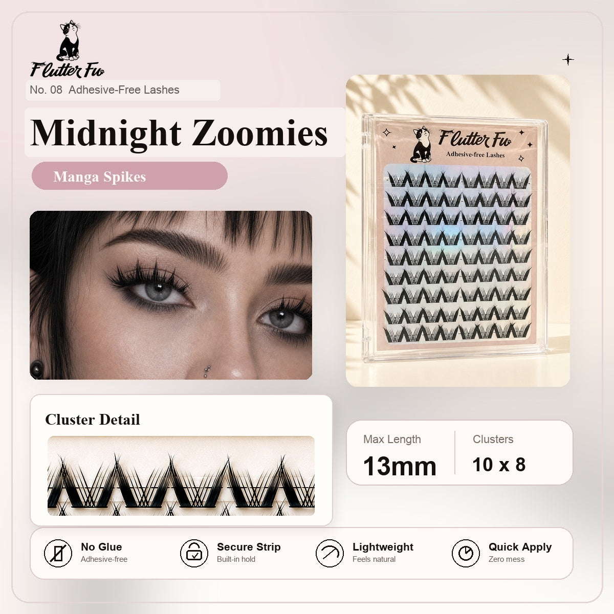 Midnight Zoomies Adhesive-free Clusters adhesive-free cluster lashes product details and length information by Flutter Fu