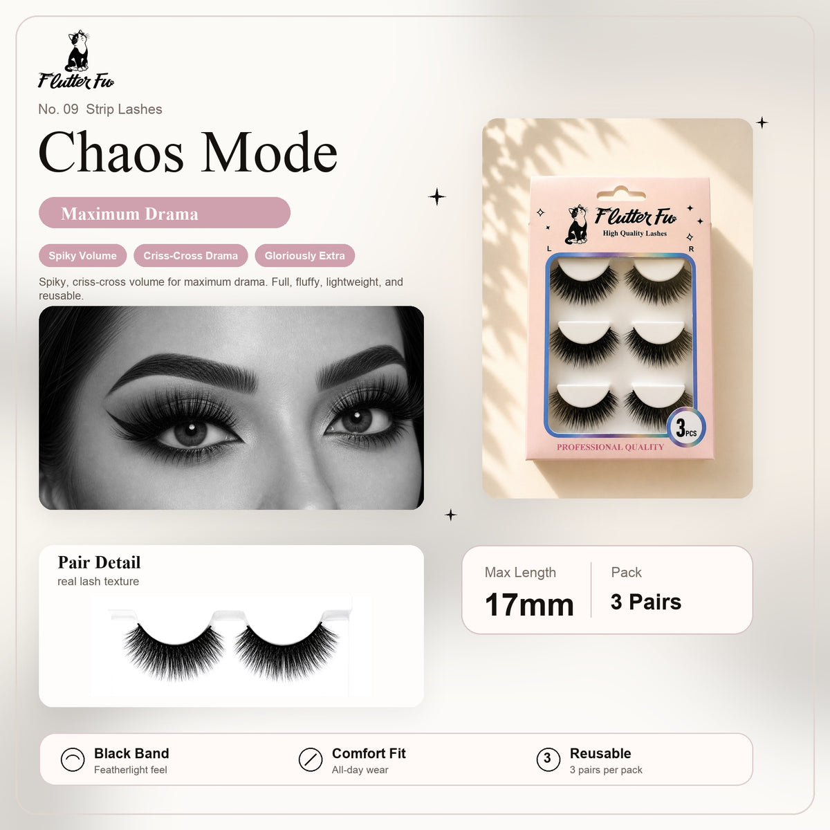 Chaos Mode strip lashes product details and length information by Flutter Fu