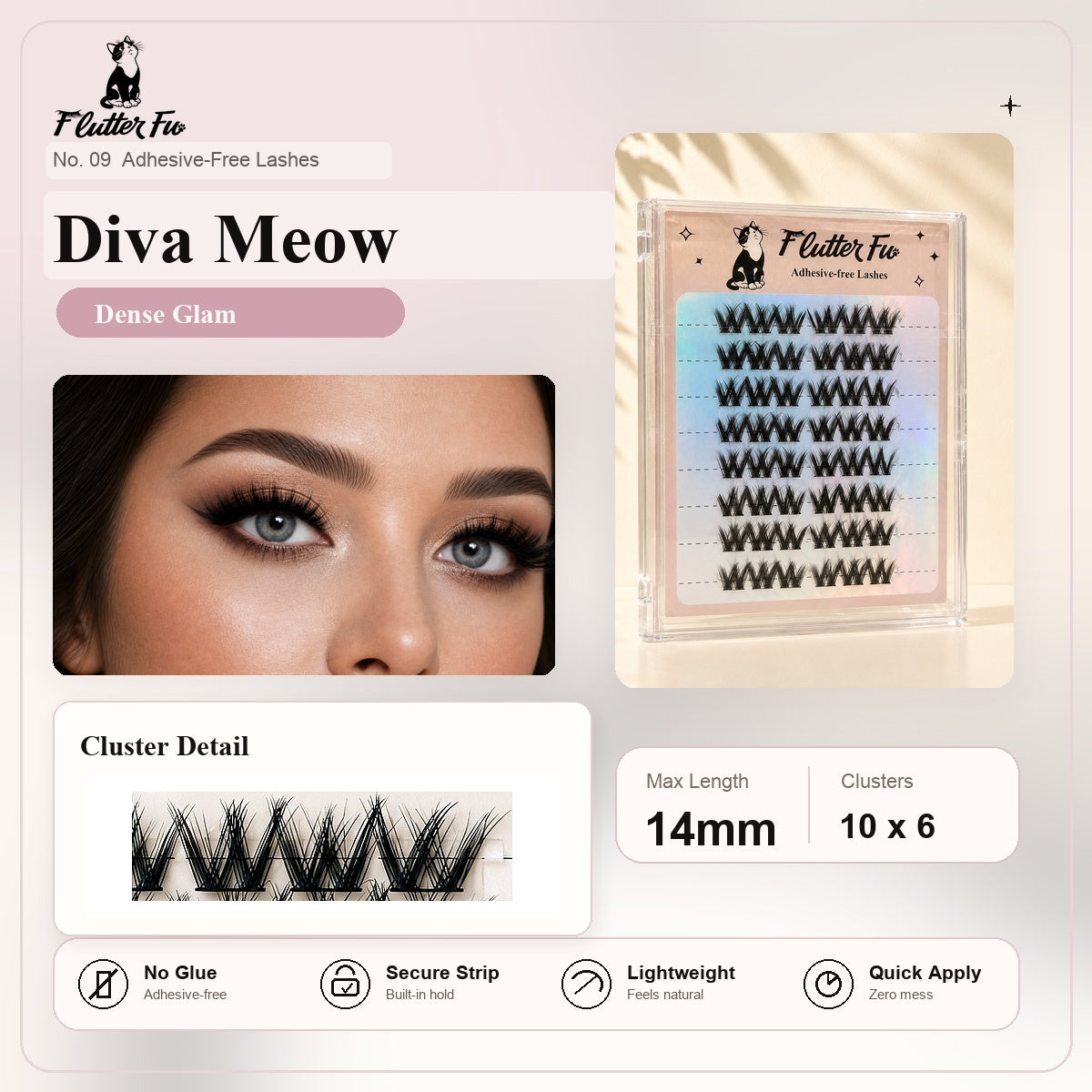 Diva Meow Adhesive-free Clusters adhesive-free cluster lashes product details and length information by Flutter Fu
