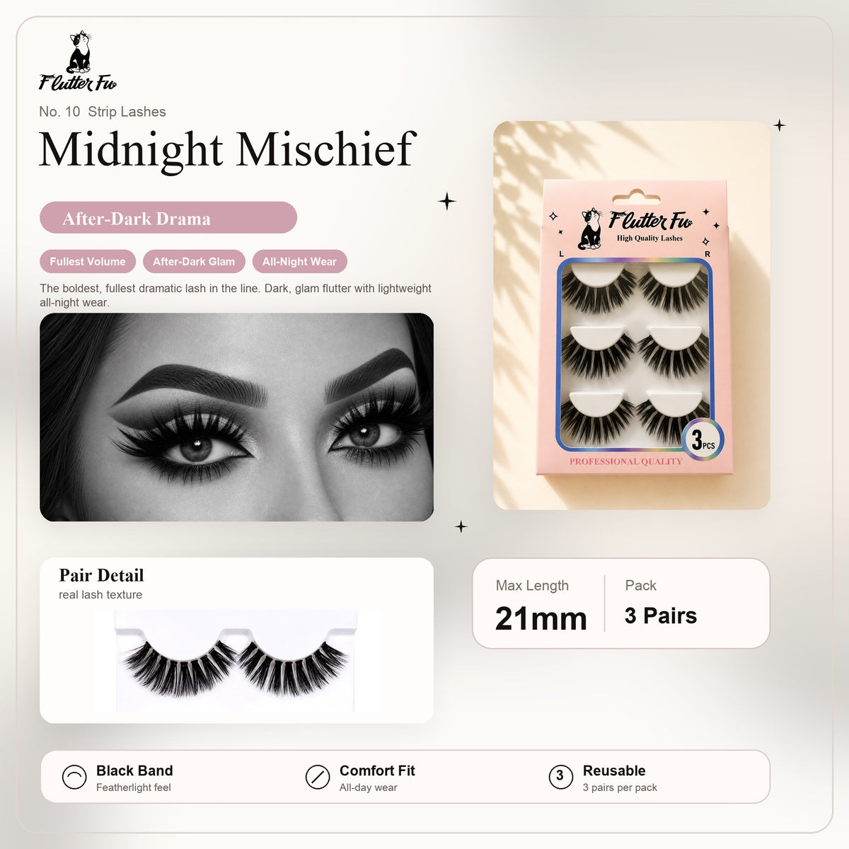 Midnight Mischief strip lashes product details and length information by Flutter Fu