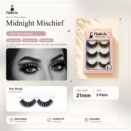 Midnight Mischief strip lashes product details and length information by Flutter Fu