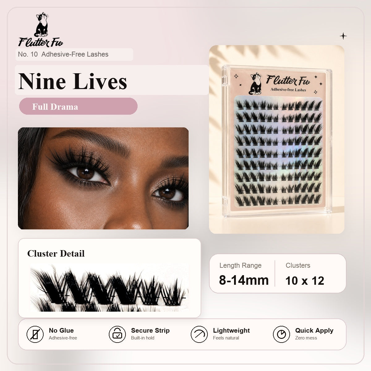 Nine Lives Adhesive-free Clusters adhesive-free cluster lashes product details and length information by Flutter Fu