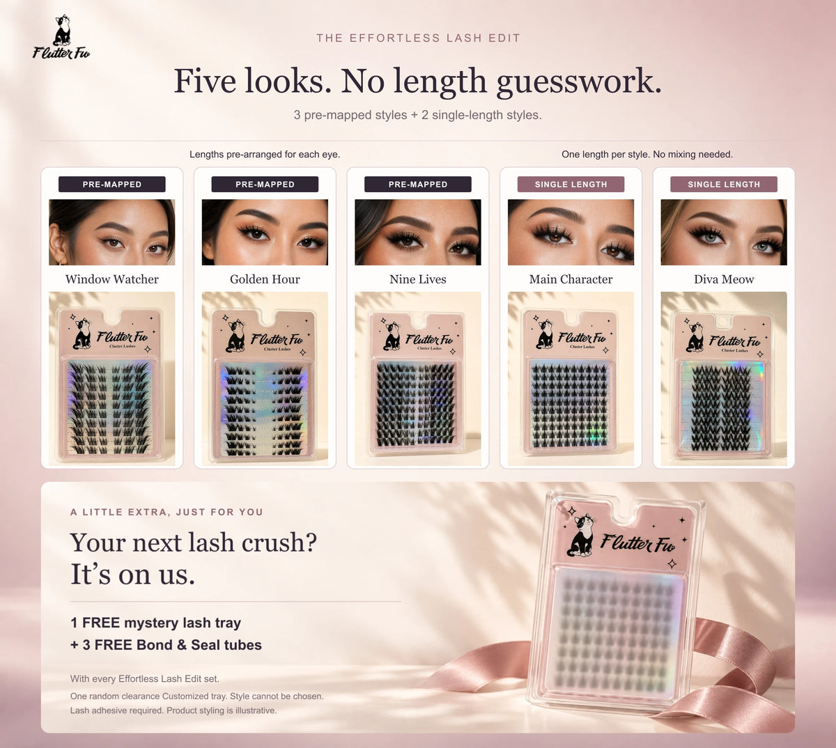 Five Customized lash styles with three Bond and Seal tubes and one mystery clearance lash gift