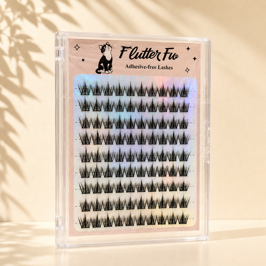Lazy Purr Adhesive-free Clusters adhesive-free cluster lashes product packaging by Flutter Fu